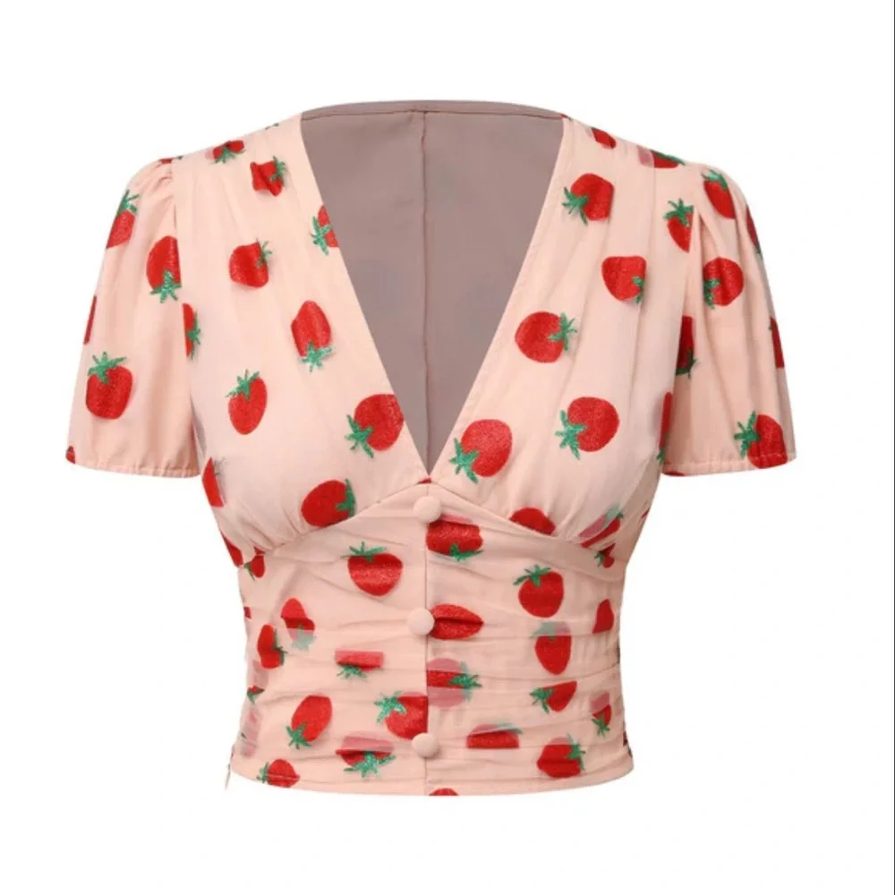 Pink Strawberry Mesh V-Neck Top - Picture 1 of 6